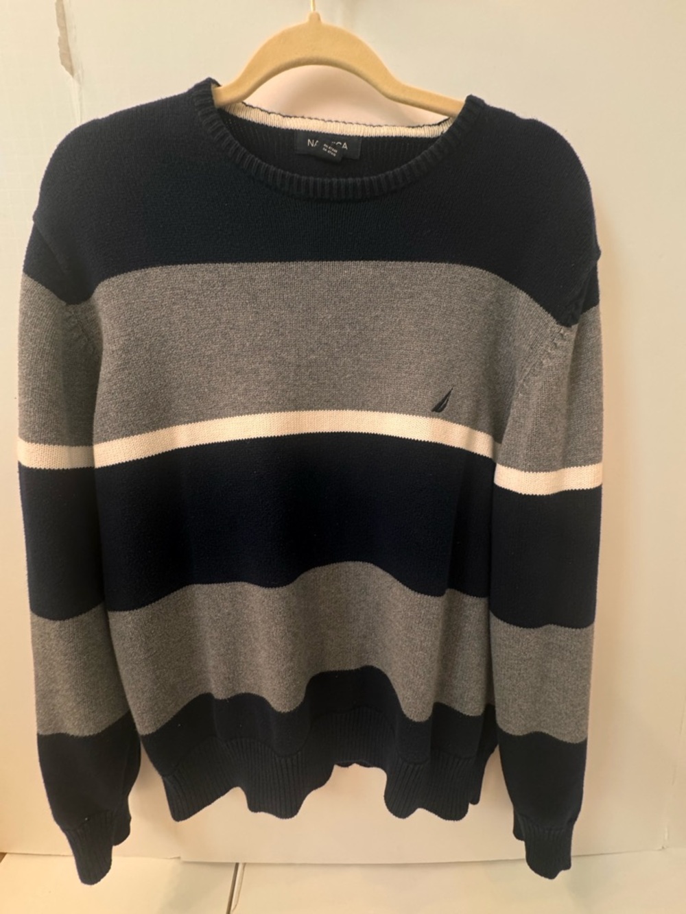 Nautica Men's Navy, Gray & White Striped Crewneck Sweater